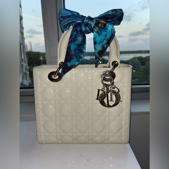Dior Handbags - Authentic Christian Lady Dior White Handbag with Christian Dior blue Twilly